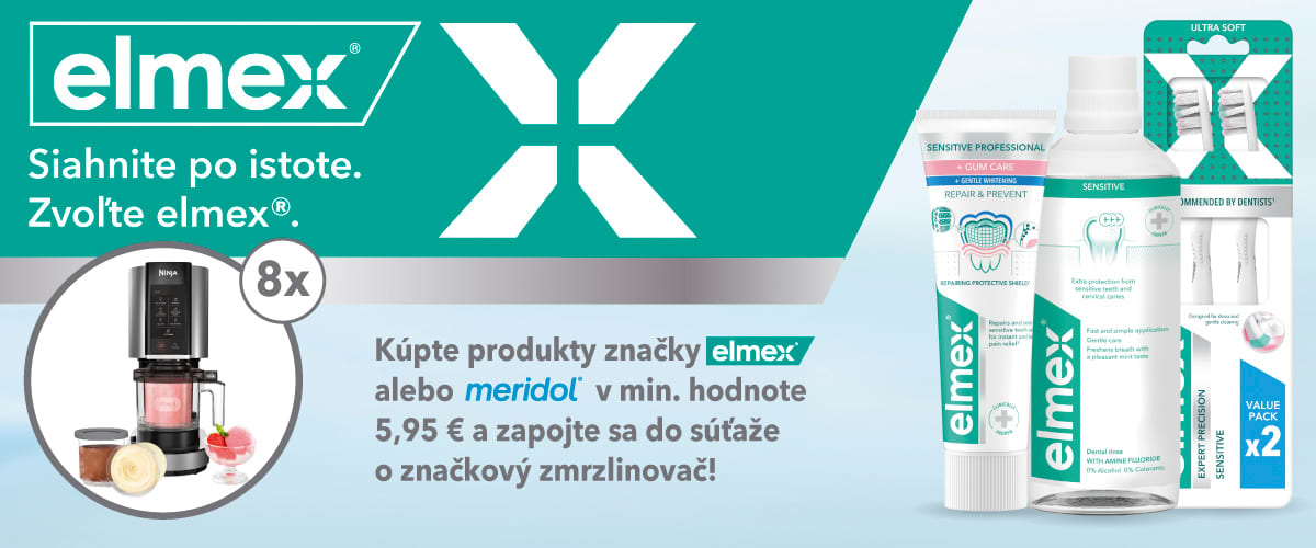 Reklamný plagát s produktmi ústnej hygieny značky elmex a súťažou o zmrzlinovač