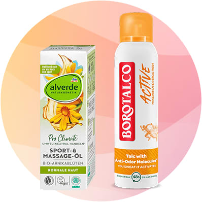 Dve kozmetické produkty vedľa seba: olej na šport a masáž a sprejový antiperspirant