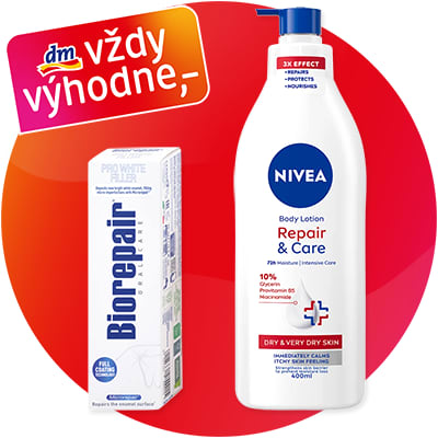 Dva kozmetické produkty na červenom pozadí: krém Biorepair a telové mlieko Nivea Repair & Care