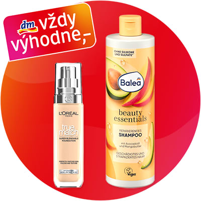 Na červenom kruhovom pozadí vľavo dole logo dm s nápisom „vždy výhodne“, vľavo fľaštička L'Oréal Paris True Match tekutý make‑up béžovej farby s pumpičkou, vpravo žltá fľaša Balea Beauty Essentials šampón s obrázkom avokáda a nápisom „REPAIRIERENDES SHAMPOO“