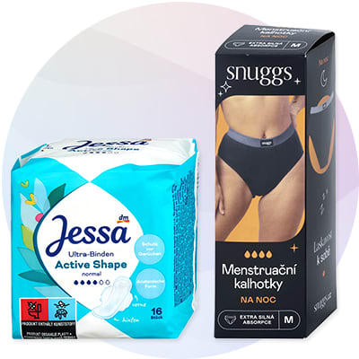 Balenie hygienických vložiek Jessa a krabica menštruačných nohavičiek Snuggs na noc