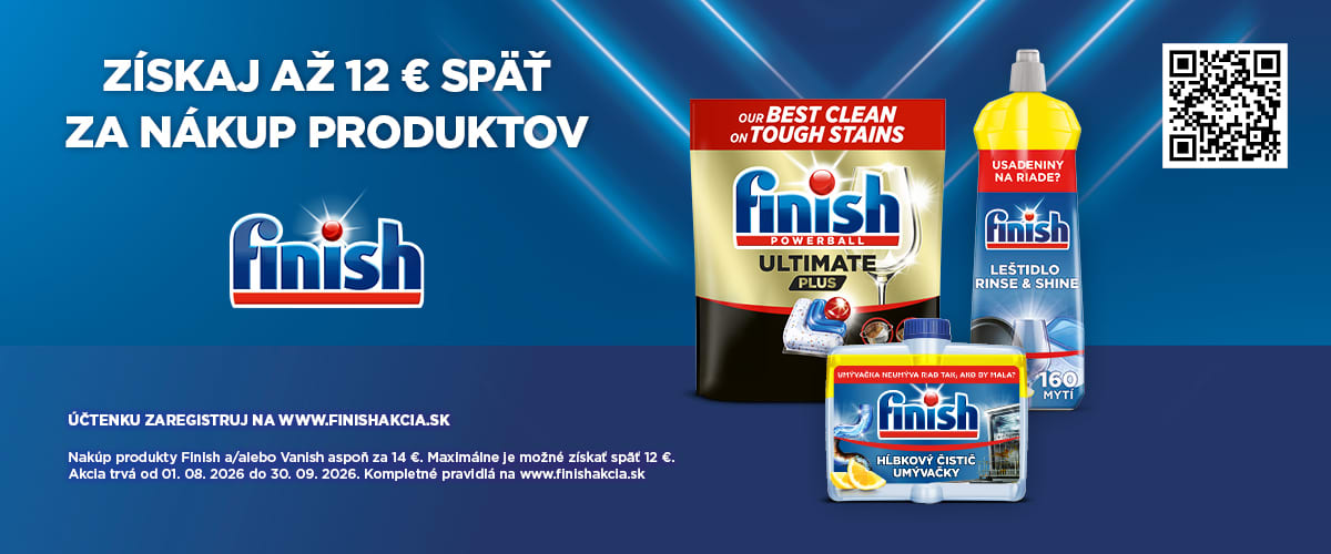 Reklamný banner produktov Finish s fľašou leštidla, balením tabliet do umývačky a vreckom Finish Ultimate Plus