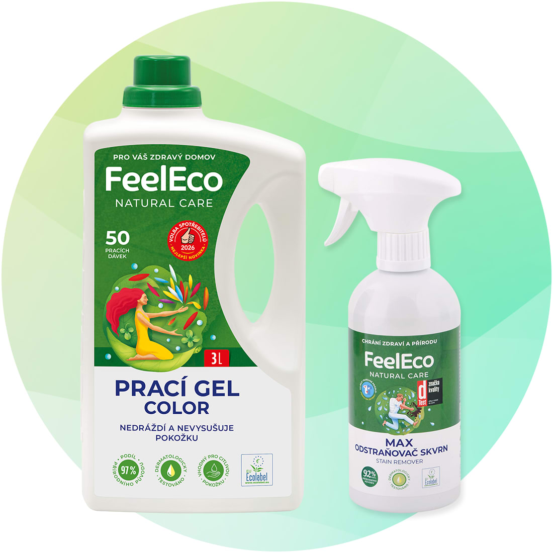 FeelEco prací gel color a FeelEco odstaňovač skvrn MAX na zelenom pozadí