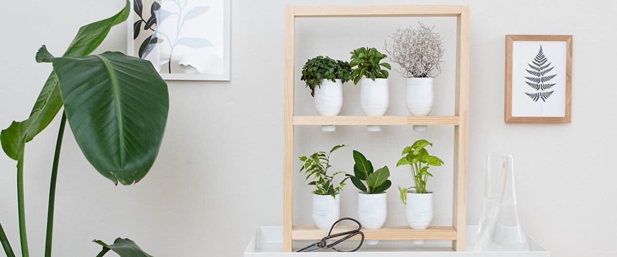 Polička s DIY kvetináčmi