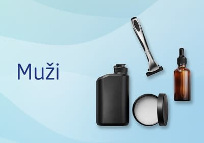 Pánska kozmetika na sivom pozadí a text "Muži"