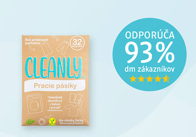 CLEANLY eco  pracie pásiky a text: "ODPORÚČA 93% dm zákazníkov"