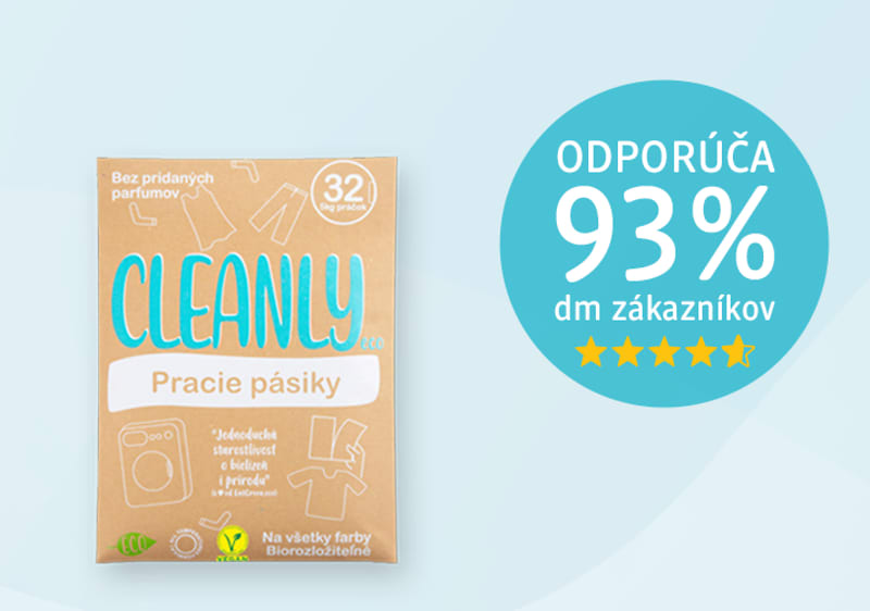 CLEANLY eco pracie pásiky a text: "ODPORÚČA 93% dm zákazníkov"