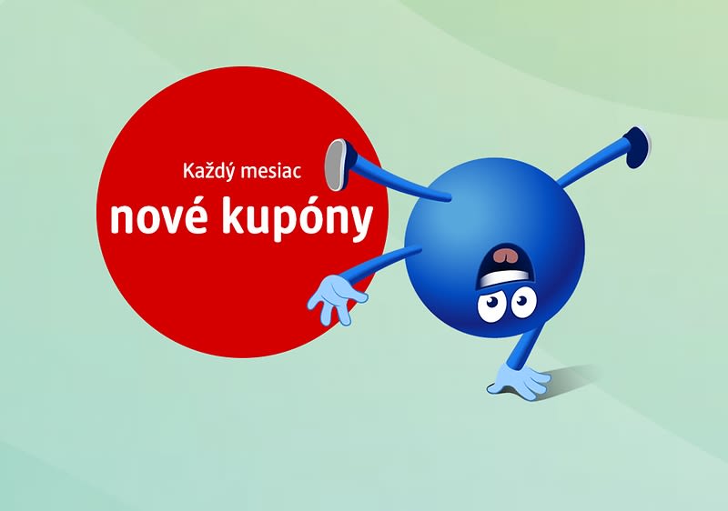 pointík a červený kruh s textom: každý mesiac nové kupóny