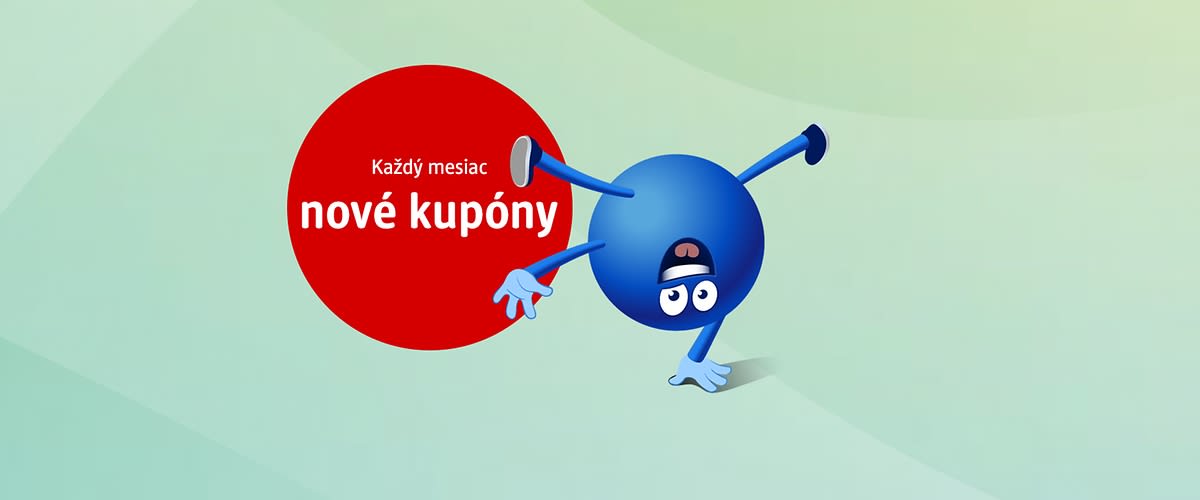 pointík a červený kruh s textom: každý mesiac nové kupóny