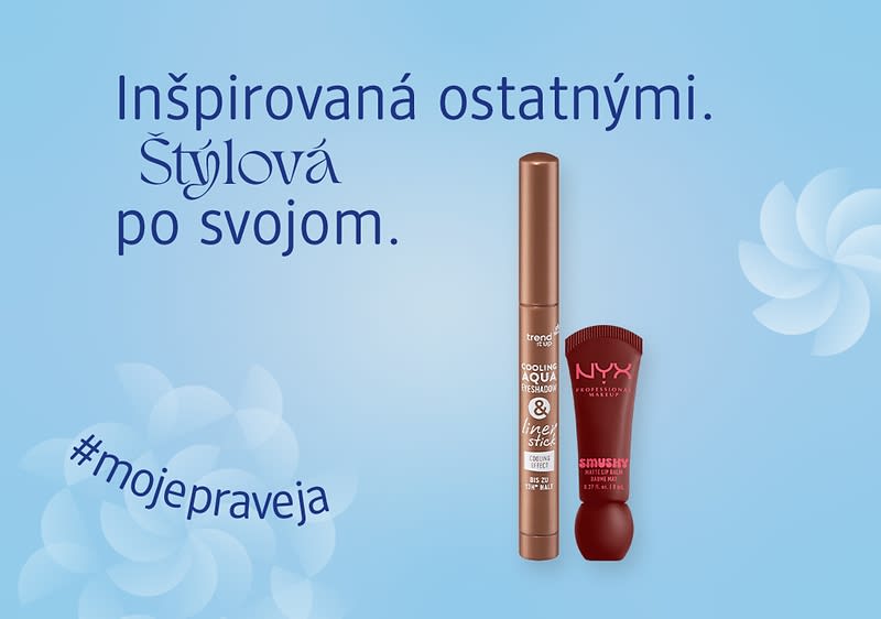 Riasenka a lesk na pery na modrom pozadí s textom a hashtagom mojepraveja.