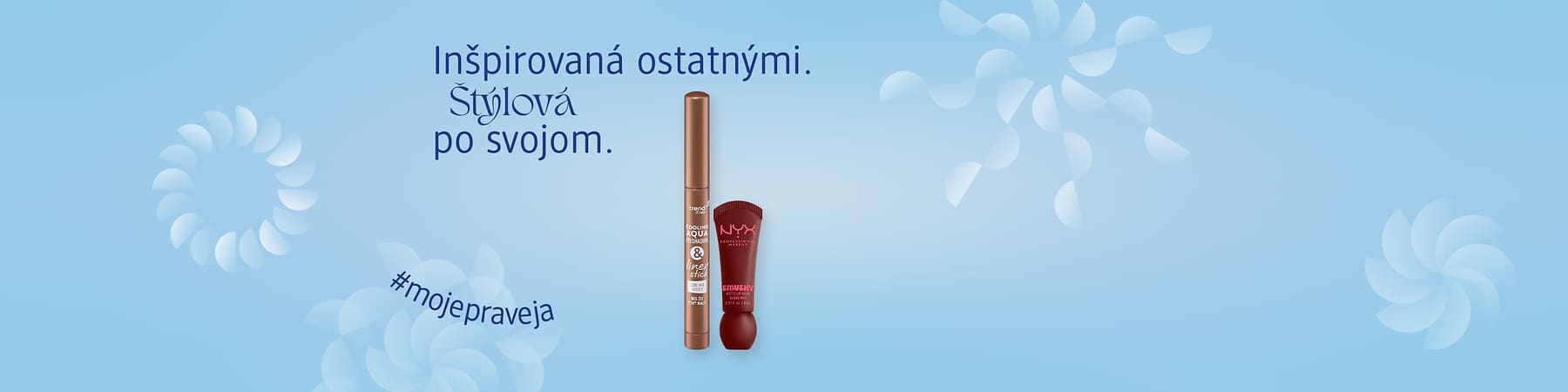 Riasenka a lesk na pery na modrom pozadí s textom a hashtagom mojepraveja.