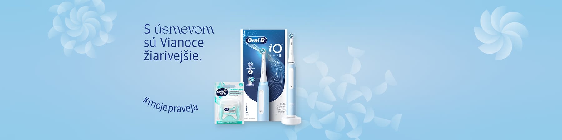 Elektrická zubná kefka a zubná niť na modrom pozadí s textom a hashtag moje pravé ja.