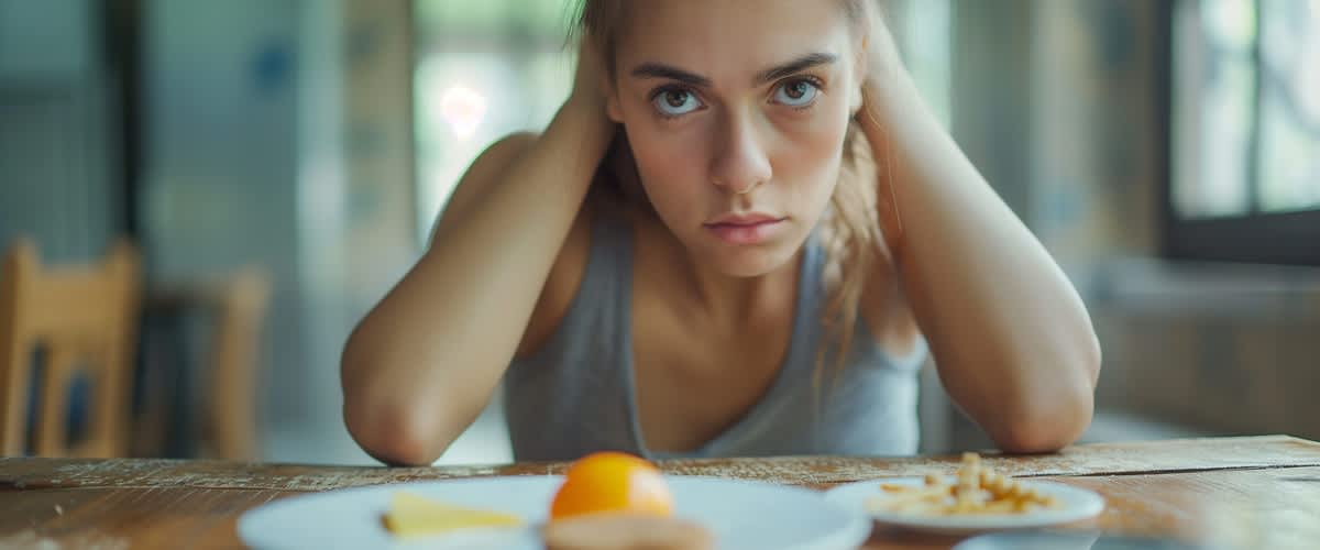 žena nad tanierom s nechuťou do jedla