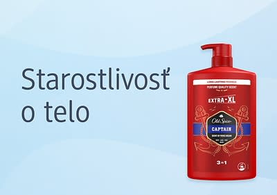 Old Spice sprchový gél Captain na modrom pozadí s textom Starostlivosť o telo
