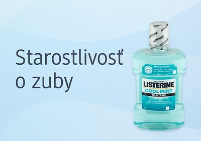 Ústna voda Listerine Cool Mint na svetlom pozadí s textom Starostlivosť o zuby