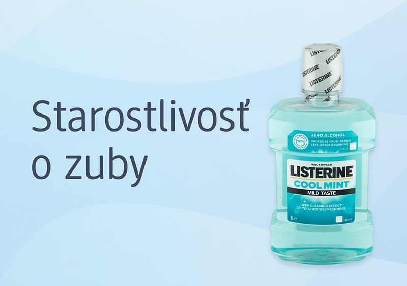 Ústna voda Listerine Cool Mint na svetlom pozadí s textom Starostlivosť o zuby