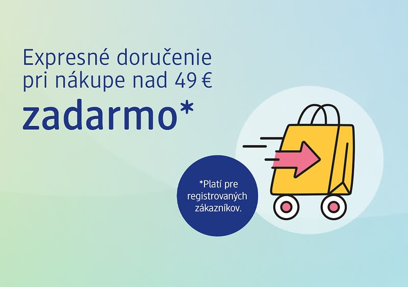 Reklama: expresné doručenie nad 49 € zadarmo s ikonou tašky na kolieskach a dátumom akcie