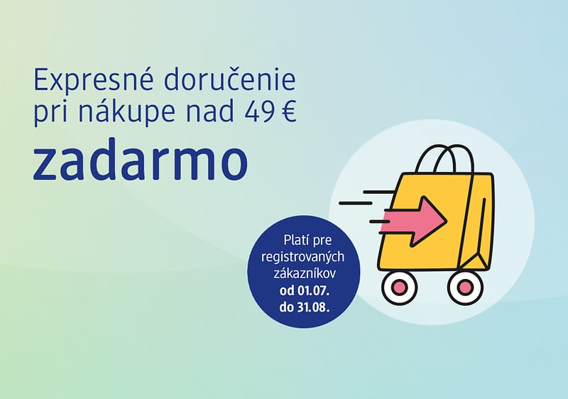 Reklama: expresné doručenie nad 49 € zadarmo s ikonou tašky na kolieskach a dátumom akcie