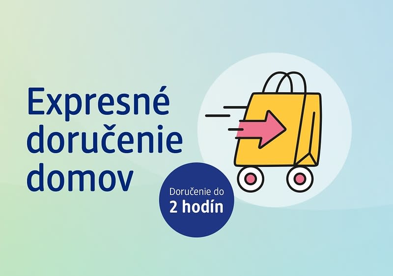 Expresné doručenie domov, doručenie do 2 hodín, ilustrácia tašky na kolieskach.