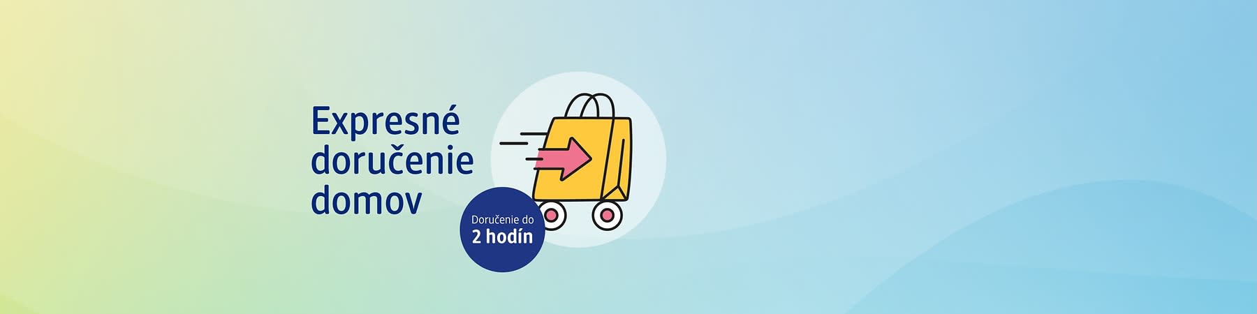 Expresné doručenie domov, doručenie do 2 hodín, ilustrácia tašky na kolieskach.