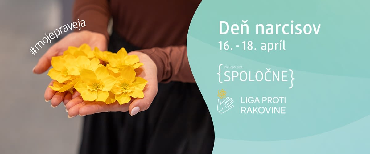 Ruky držiace žlté narcisové kvety s textom o Dni narcisov a dátumoch 16. – 18. apríl
