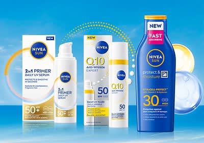 Produkty Nivea Sun: sérum, fluid, krém, opaľovací krém s SPF 50+ a SPF 30 na modrom pozadí