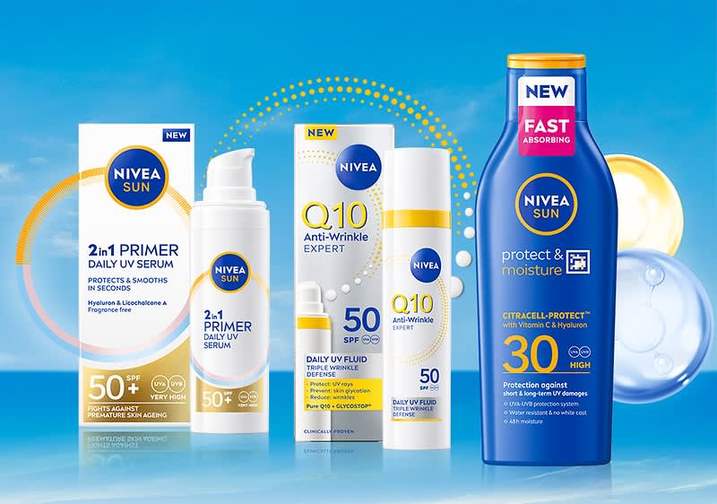 Produkty Nivea Sun: sérum, fluid, krém, opaľovací krém s SPF 50+ a SPF 30 na modrom pozadí
