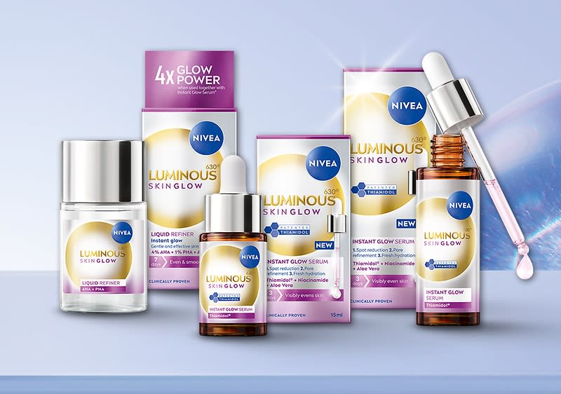 Produkty Nivea Luminous Skin Glow na svetlom pozadí