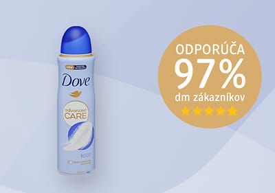 Dezodorant Dove s modrým vrchnákom a textom o odporúčaní 97% zákazníkov dm