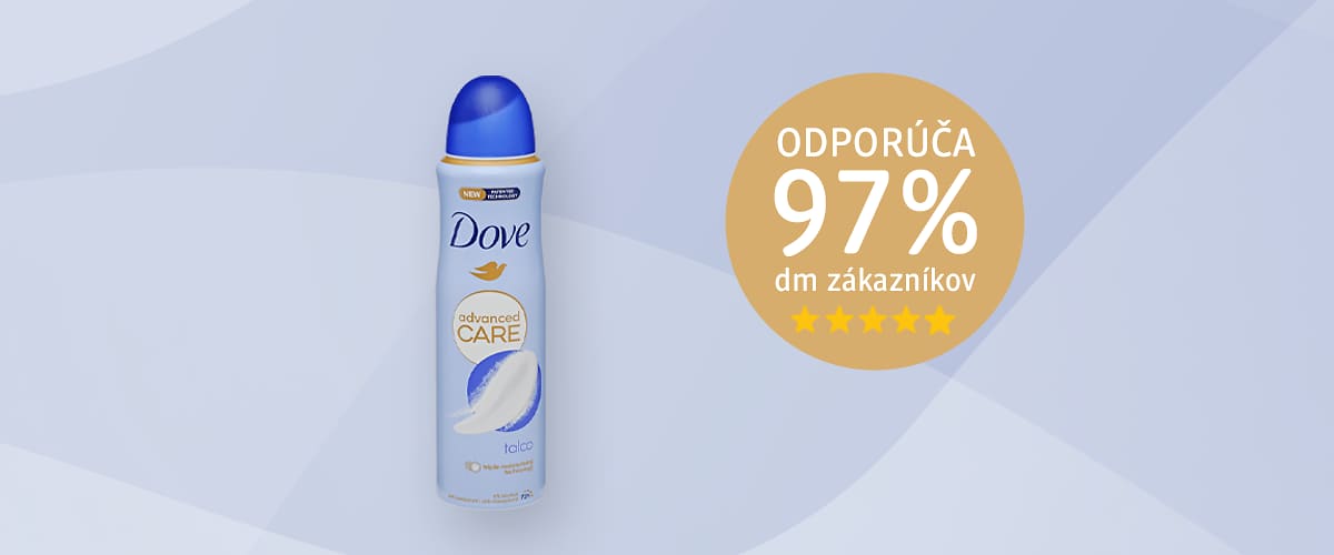 Dezodorant Dove s modrým vrchnákom a textom o odporúčaní 97% zákazníkov dm