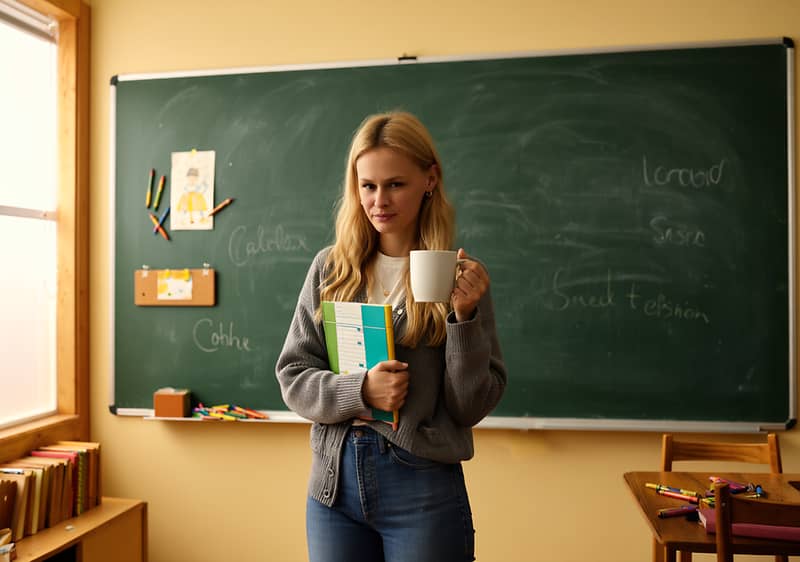 Žena s knihou a šálkou v ruke pred školskou tabuľou v triede