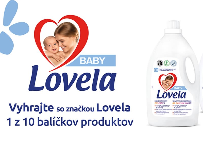 Logo Lovela, fľaša pracieho prostriedku, text o súťaži s Lovela značkou