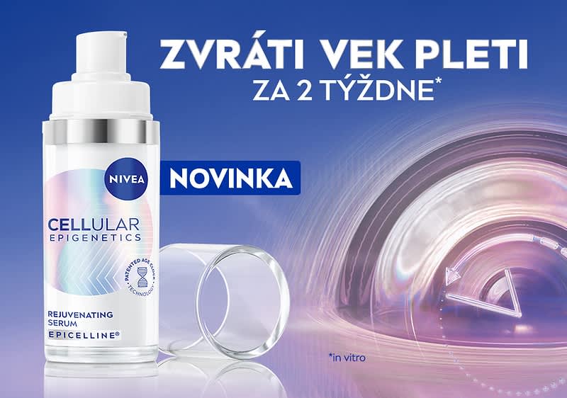 Fľaška Nivea pleťové sérum, text: novinka, zvráti vek pleti za 2 týždne a grafický efekt na pozadí