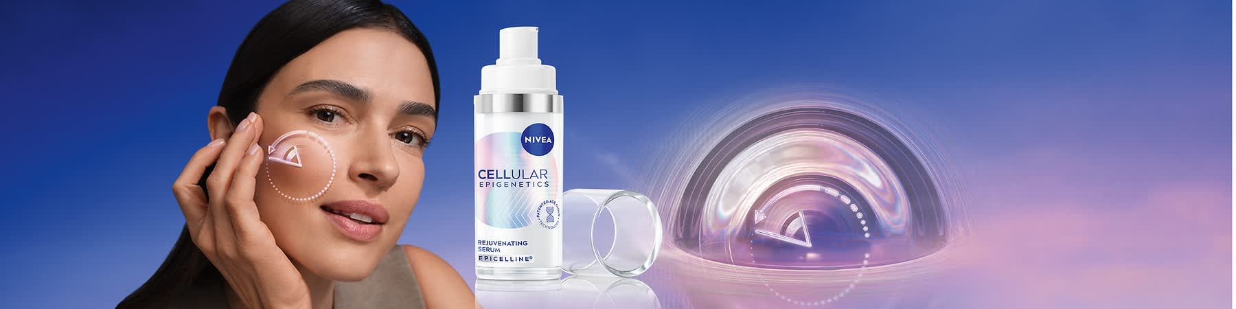 Fľaška Nivea pleťové sérum, text: novinka, zvráti vek pleti za 2 týždne a grafický efekt na pozadí