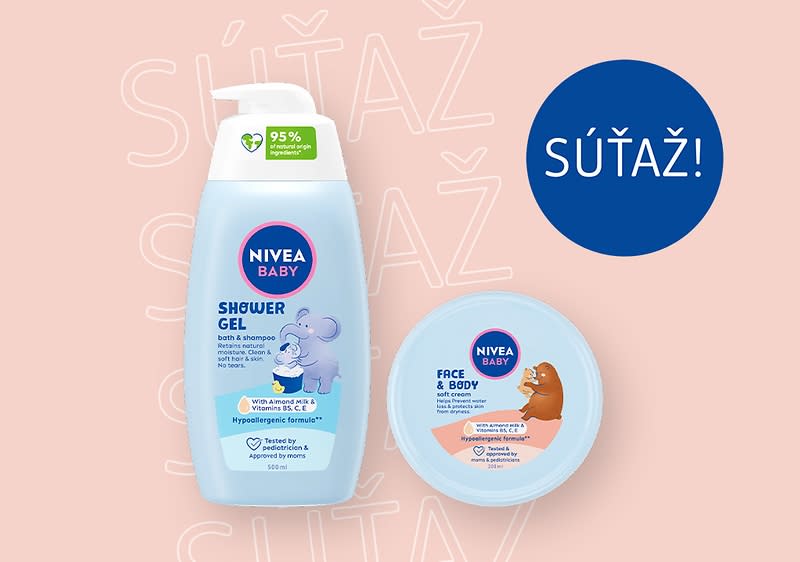 fľaška sprchového gélu NIVEA BABY a krém NIVEA BABY na ružovom pozadí a kruh s textom "SÚŤAŽ!"