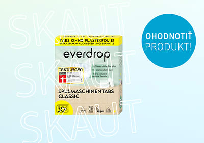 Balenie umývacích tabliet everdrop s nápisom Ohodnotiť produkt v modrom kruhu