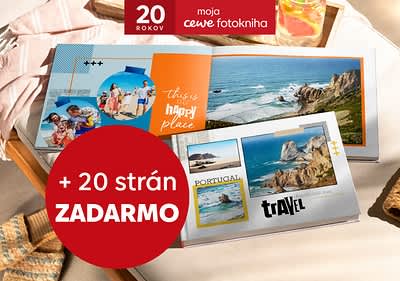 CEWE fotokniha s červeným kruhom a kódom na + 20 strán zdarmo
