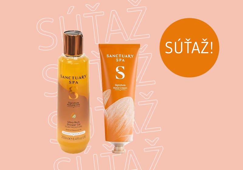 Telové mlieko a krém Sanctuary Spa na béžovom pozadí s textom Súťaž