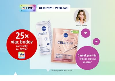 Nivea produkty na farebnom pozadí a informácia o 25x viac bodov v Mojej dm-App počas vysielania dmLIVE