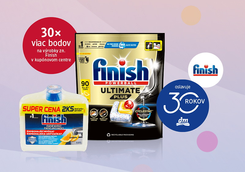 produkty Finish na farebnom pozadí, text 30 rokov dm v modrom kruhu, text 30x viac bodov v červenom kruhu