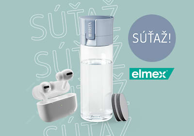 Tablet, text Súťaž, logo Elmex na zelenom pozadí