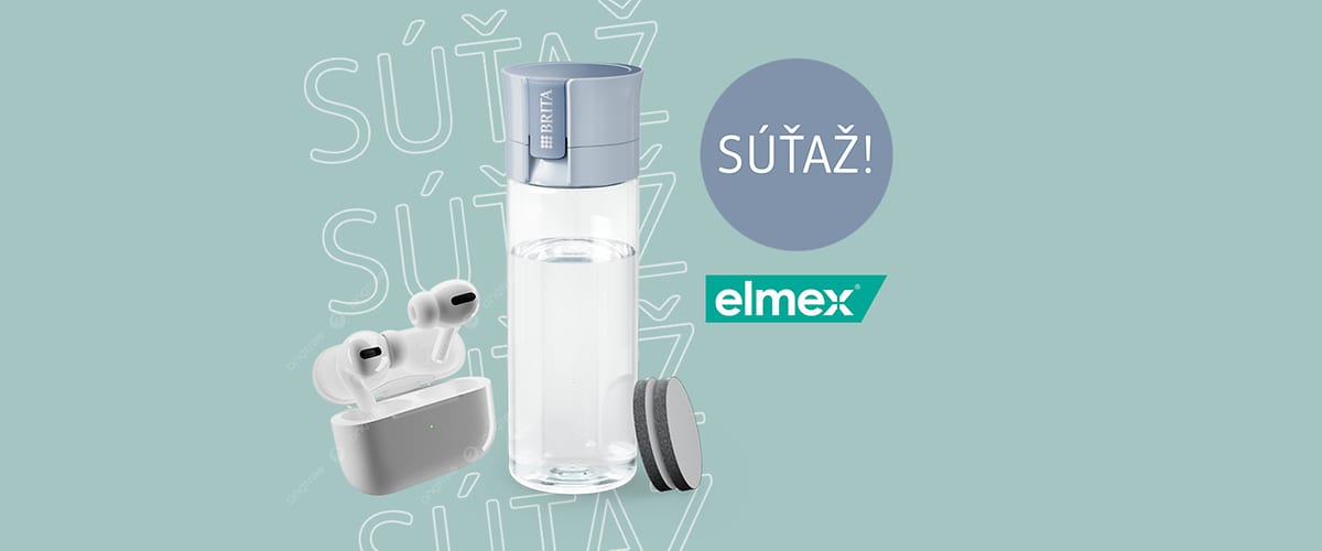 Tablet, text Súťaž, logo Elmex na zelenom pozadí