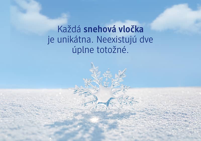 Snehová vločka na zasneženej ploche s modrou oblohou a textom o unikátnosti vločiek