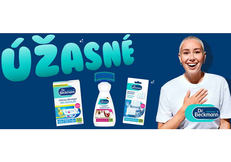 Produkty Dr. Beckmann s nápisom Úžasné a žena v bielom tričku