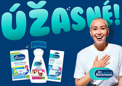 Produkty Dr. Beckmann s nápisom Úžasné a žena v bielom tričku