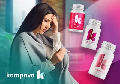 Žena v deke s teplomerom v ruke, tri doplnky výživy