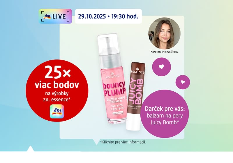 vysielanie dmLIVE, výrobky essence: balzam na pery Juicy Bomb a bouncy plump sérum, text 25x viac bodov v červenom kruhu a text darček zadarmo vo fialovom kruhu