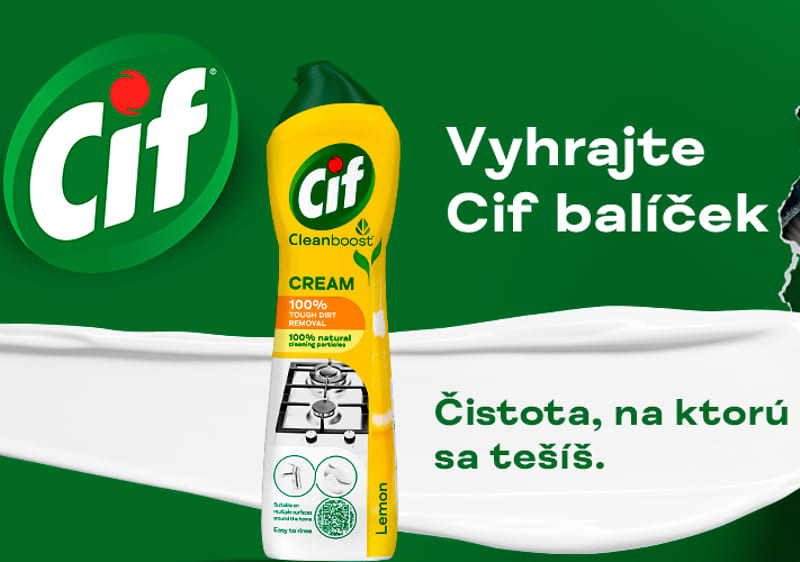 Reklama na čistiaci prostriedok Cif s textom o súťaži a čistote