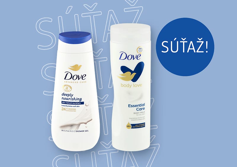 Dve fľaše sprchového gélu Dove na modrom pozadí s nápisom Súťaž