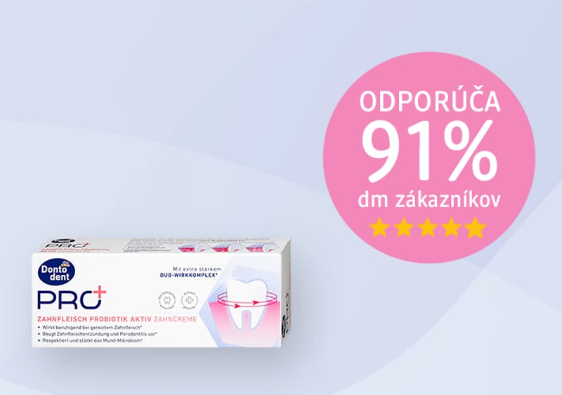 Krabička zubnej pasty s odporúčaním 91% zákazníkov dm